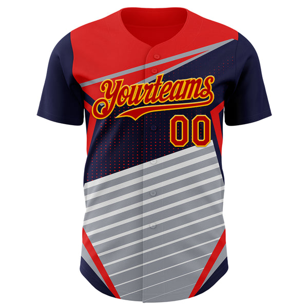 Custom Navy Red Gold Gray-White 3D Pattern Design Car Racing Formula Auto Motorsport Authentic Baseball Jersey
