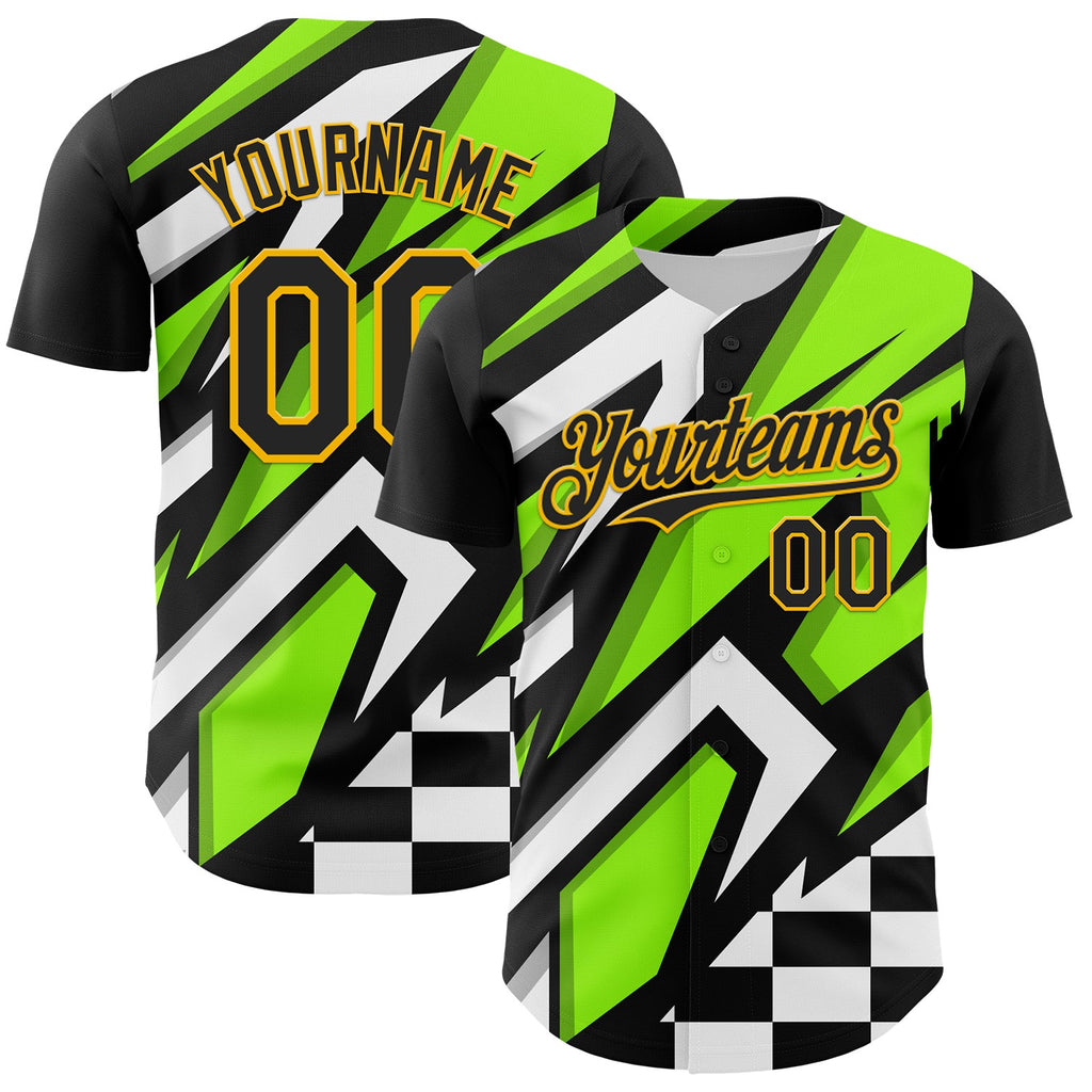 Custom Black Gold Green-White 3D Pattern Design Car Racing Formula Auto Motorsport Authentic Baseball Jersey
