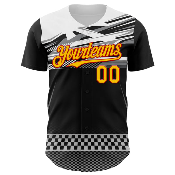 Custom Black Yellow Red White-Gray 3D Pattern Design Car Racing Formula Auto Motorsport Authentic Baseball Jersey
