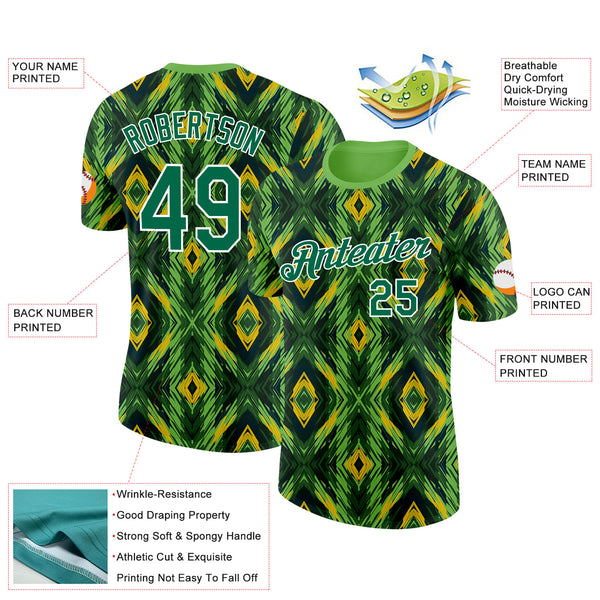 Custom Green Kelly Green Yellow Black-White Brazil Geometric Shape Performance T-Shirt