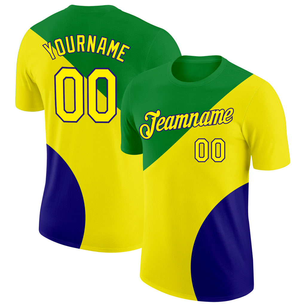 Custom Green Light Yellow-Dark Purple Brazil Color Blocks Performance T-Shirt