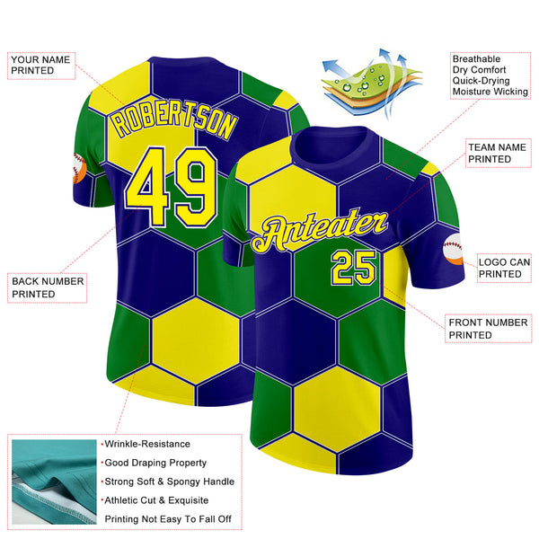 Custom Dark Purple Light Yellow Green-White Brazil Hexagons Geometric Shape Performance T-Shirt