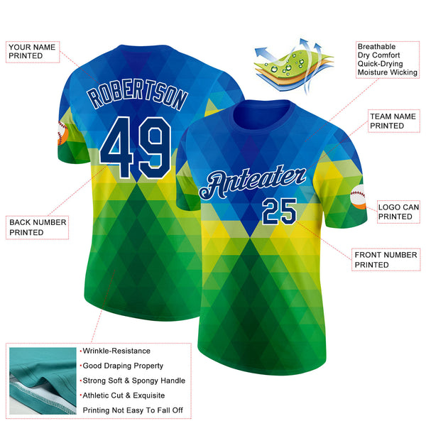 Custom Blue US Navy Blue Green Yellow-White Brazil Gradient Geometric Shape Performance T-Shirt