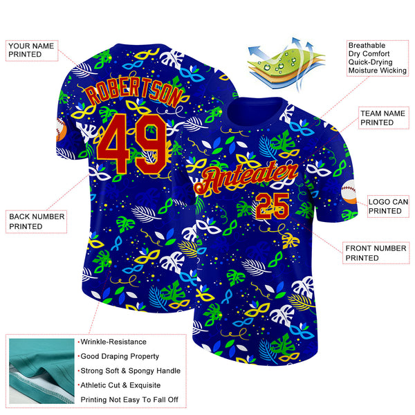 Custom Blue Red-Gold Brazil Tropical Leaves Performance T-Shirt