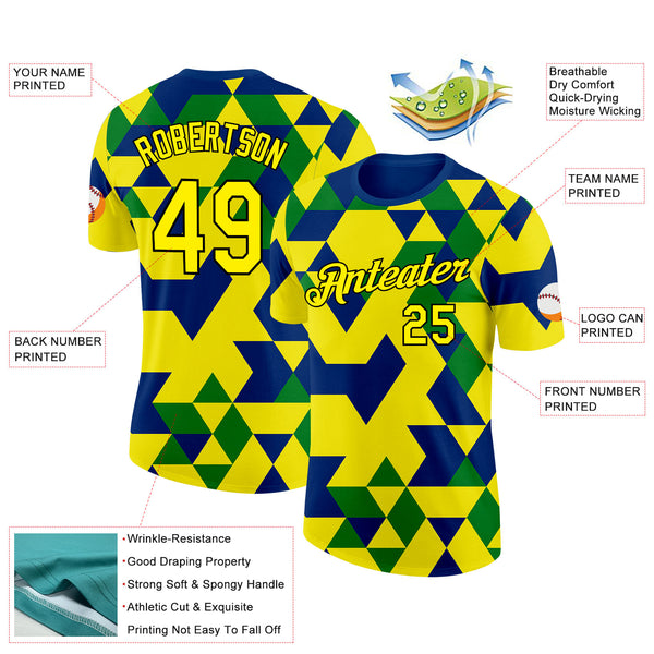 Custom Light Yellow Blue Green-Black Brazil Geometric Shape Performance T-Shirt