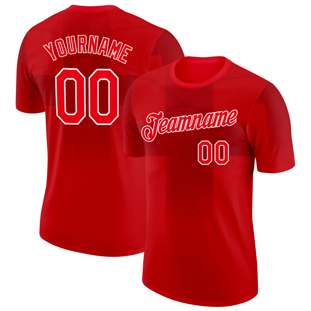 Custom Red Fire Red-White England Cross Performance T-Shirt