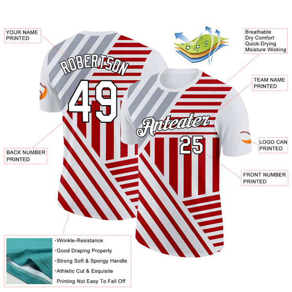 Custom White Red Gray-Black England Stripe Performance T-Shirt