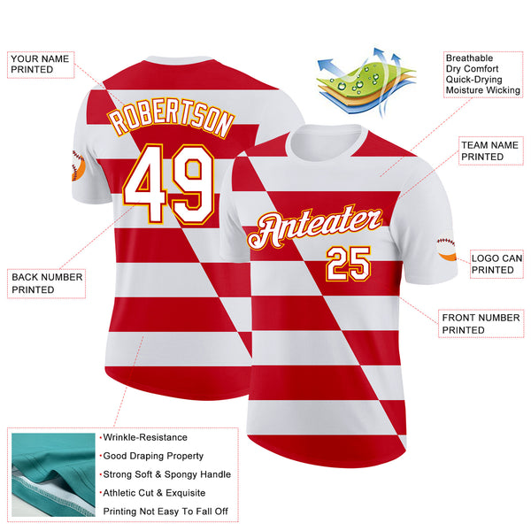 Custom White Red-Gold England Stripe Performance T-Shirt