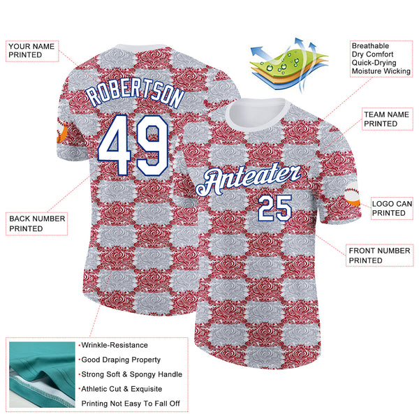 Custom Gray White Red-Royal England Checkerboard Damask Performance T-Shirt