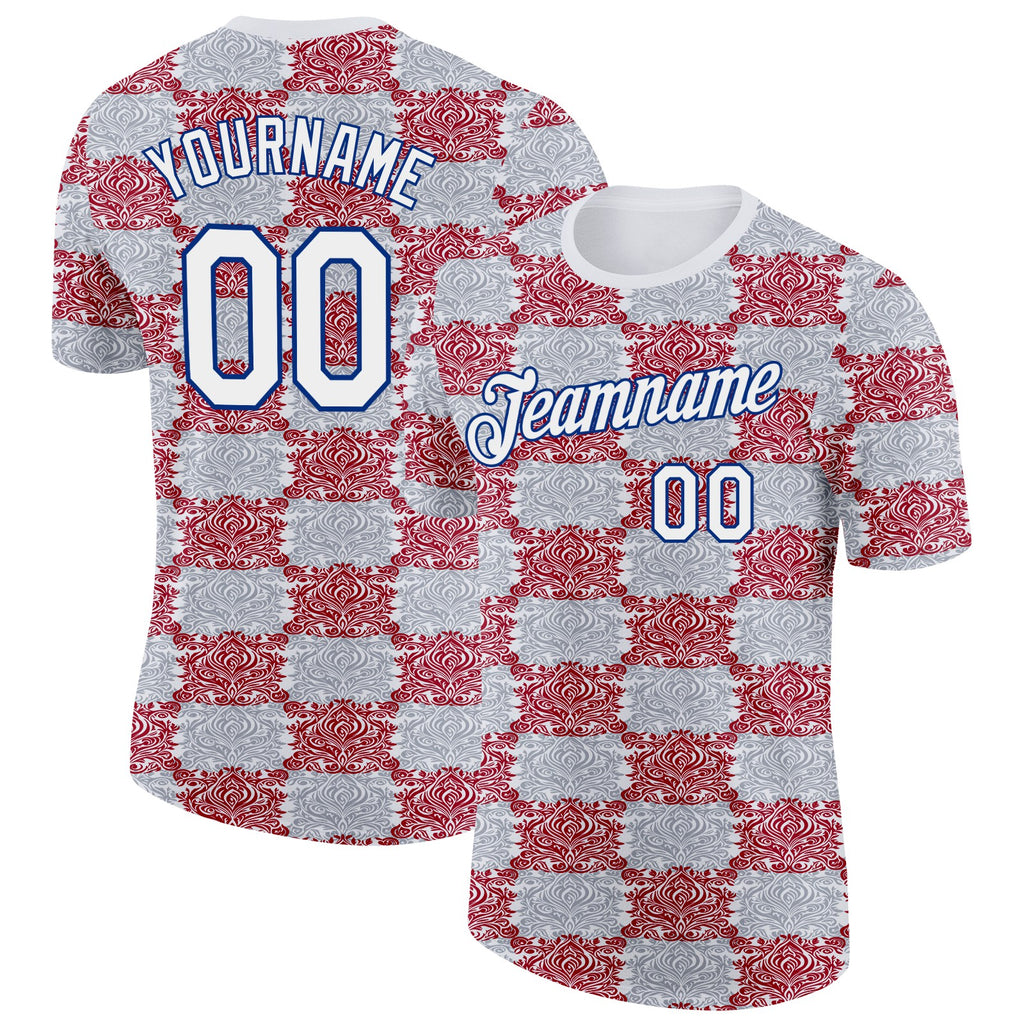 Custom Gray White Red-Royal England Checkerboard Damask Performance T-Shirt