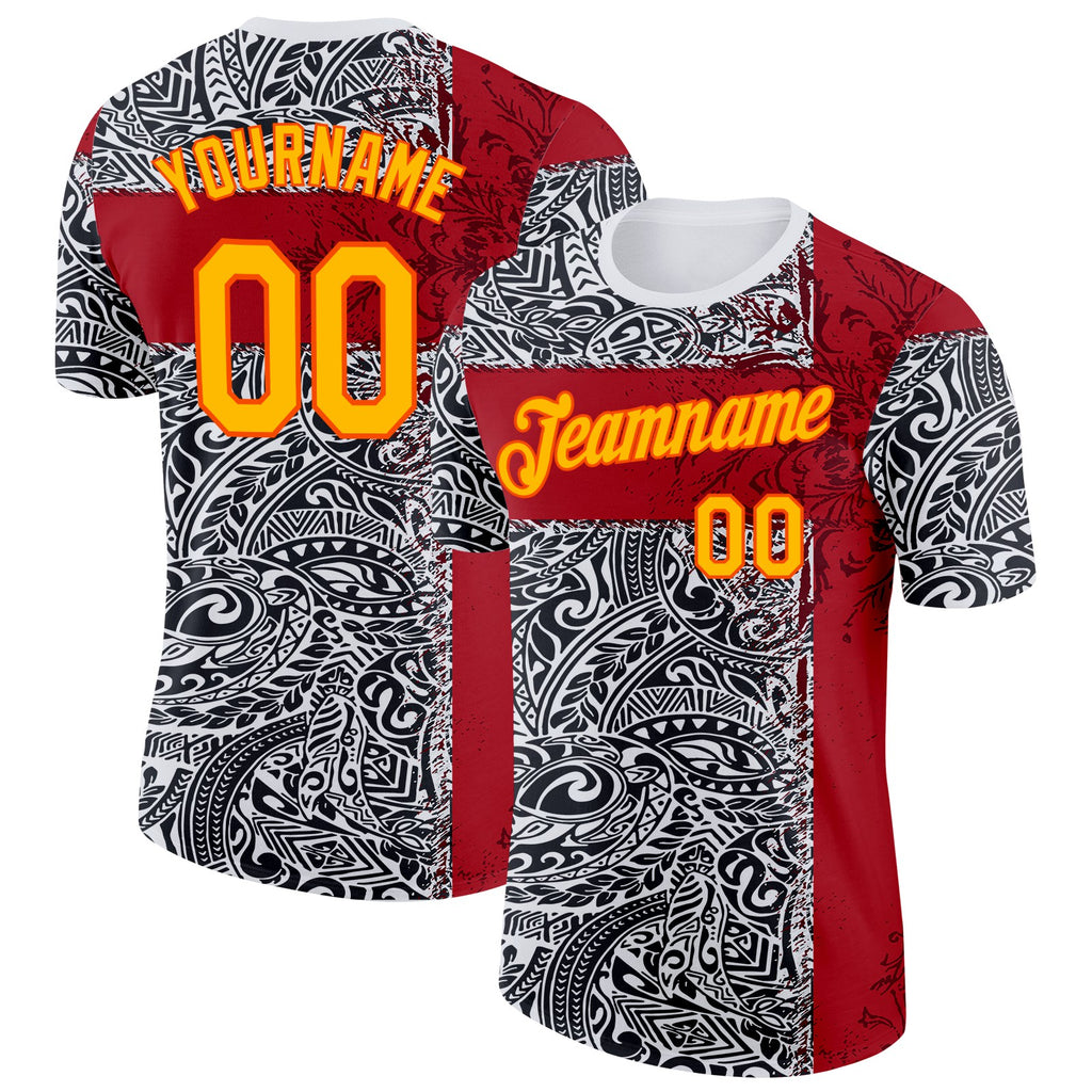 Custom Black Gold Red Orange-White England Polynesian Tribal Performance T-Shirt