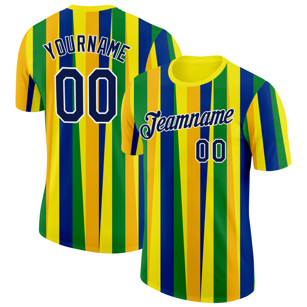 Custom Gold Navy Blue Green-White Brazil Stripe Performance T-Shirt