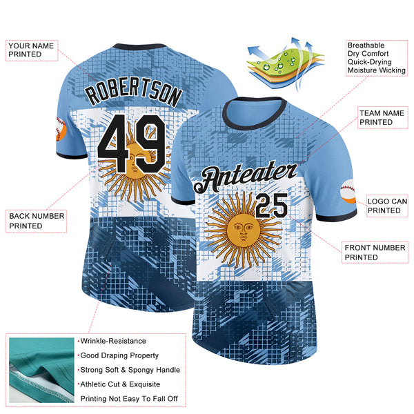 Custom Blue Black-White Argentina Sun Geometric Shape Performance T-Shirt