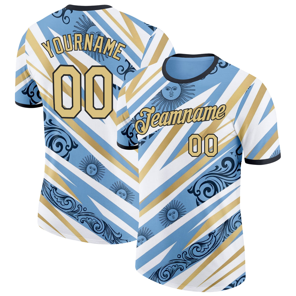 Custom Blue Vegas Gold Black-White Argentina Sun Line Performance T-Shirt