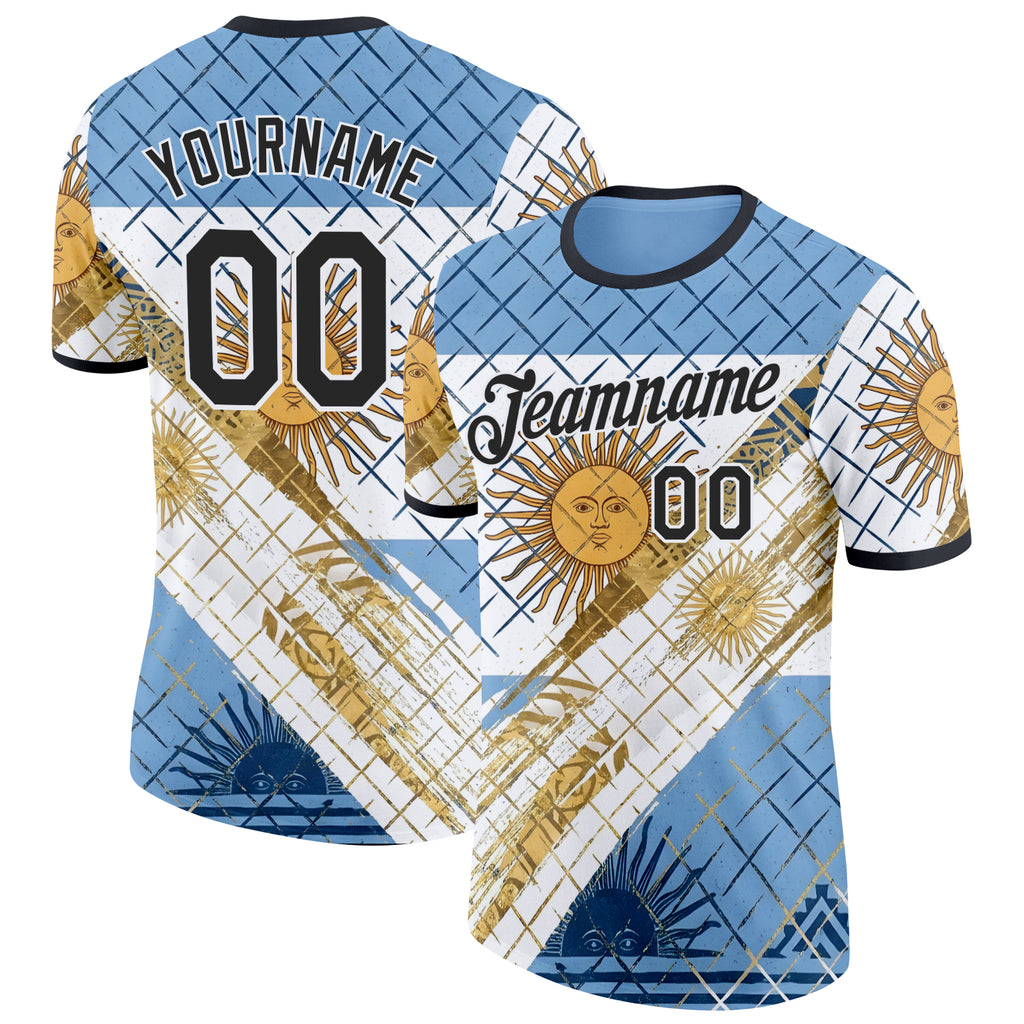 Custom Blue Black-White Argentina Sun Line Performance T-Shirt