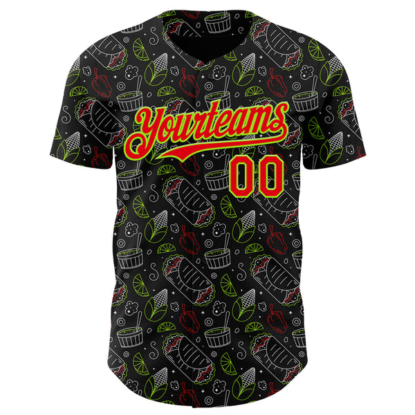 Custom Black Fire Red-Neon Green 3D Pattern Design Foodie Mexican Food Doodles Authentic Baseball Jersey