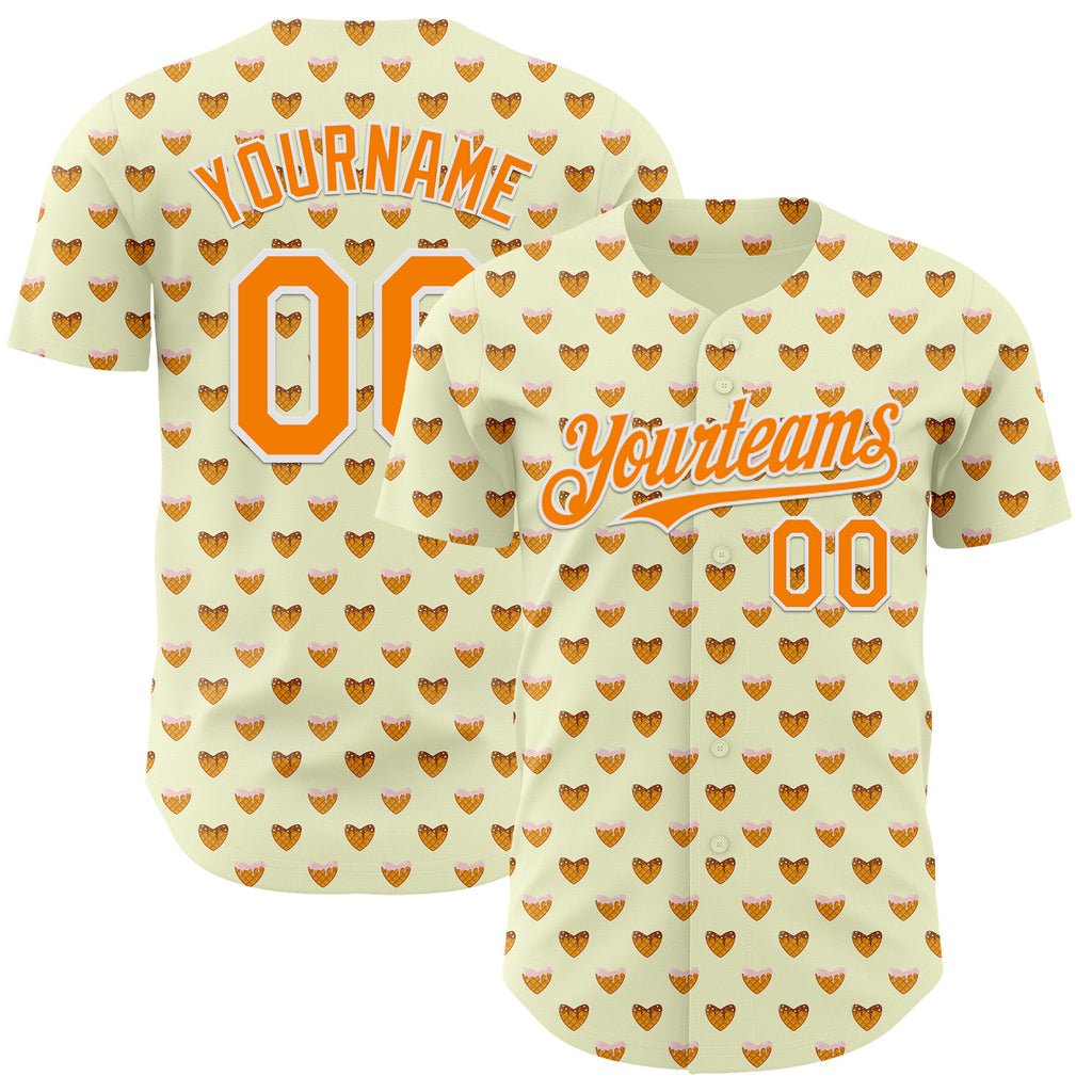 Custom Yellow Bay Orange-White 3D Pattern Design Foodie Heartshaped Waffles Sweets Authentic Baseball Jersey