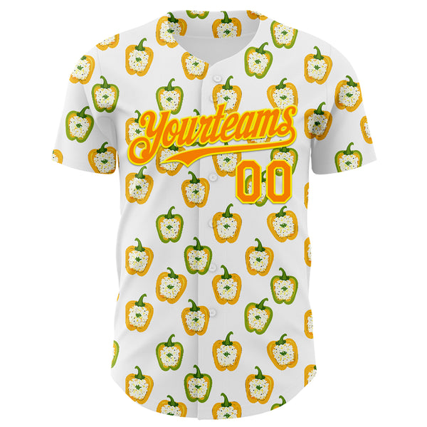 Custom White Bay Orange-Light Yellow 3D Pattern Design Foodie Rice Stuffed Pepper Vegetable Authentic Baseball Jersey