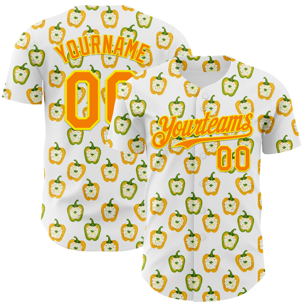 Custom White Bay Orange-Light Yellow 3D Pattern Design Foodie Rice Stuffed Pepper Vegetable Authentic Baseball Jersey