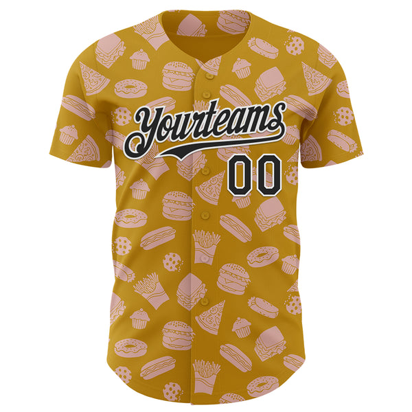 Custom Yellow Black-White 3D Pattern Design Foodie Fast Food Doodles Authentic Baseball Jersey