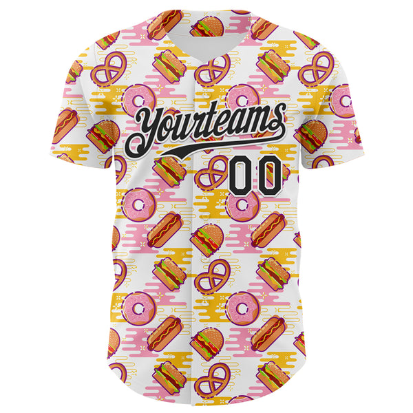 Custom White Black 3D Pattern Design Foodie Fast Food Hot Dog Doughnuts Authentic Baseball Jersey