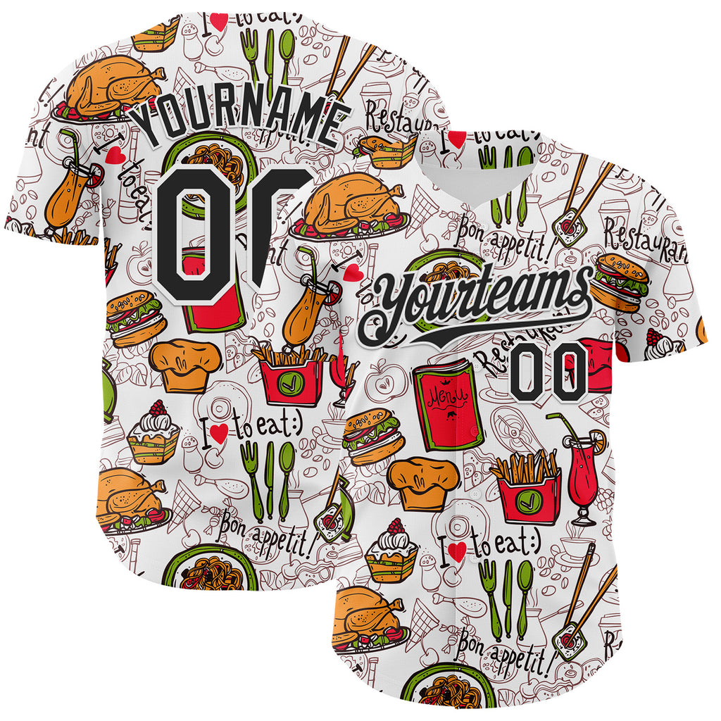 Custom White Black 3D Pattern Design Foodie Fast Food Doodles Authentic Baseball Jersey