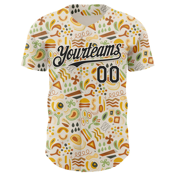 Custom Cream Black 3D Pattern Design Foodie Abstract Doodles Authentic Baseball Jersey