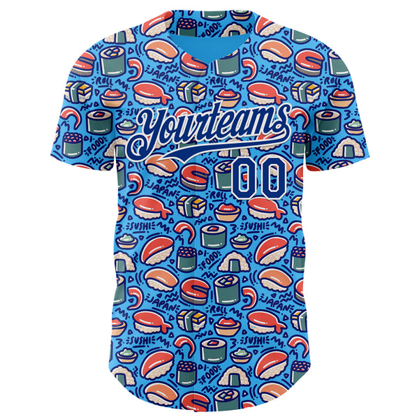 Custom Sky Blue Royal-White 3D Pattern Design Foodie Sushi Doodle Authentic Baseball Jersey