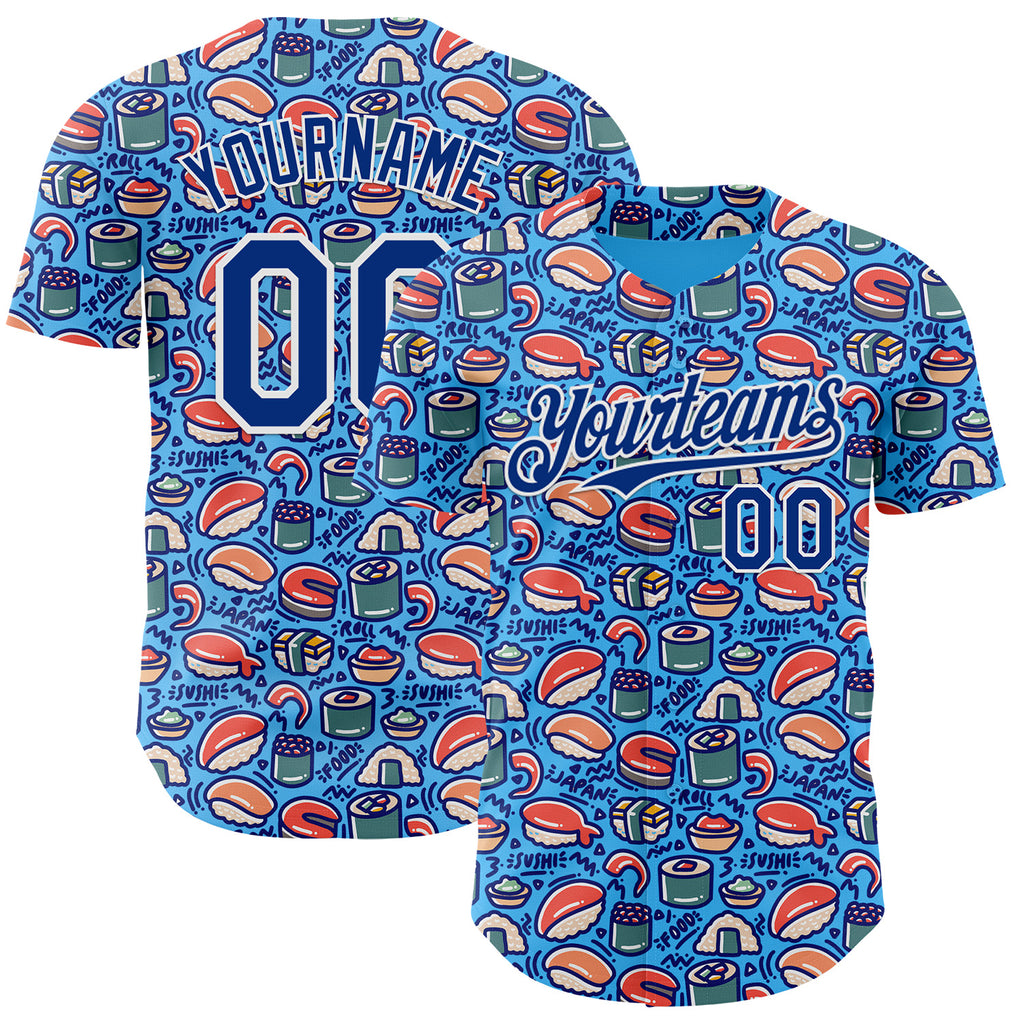 Custom Sky Blue Royal-White 3D Pattern Design Foodie Sushi Doodle Authentic Baseball Jersey