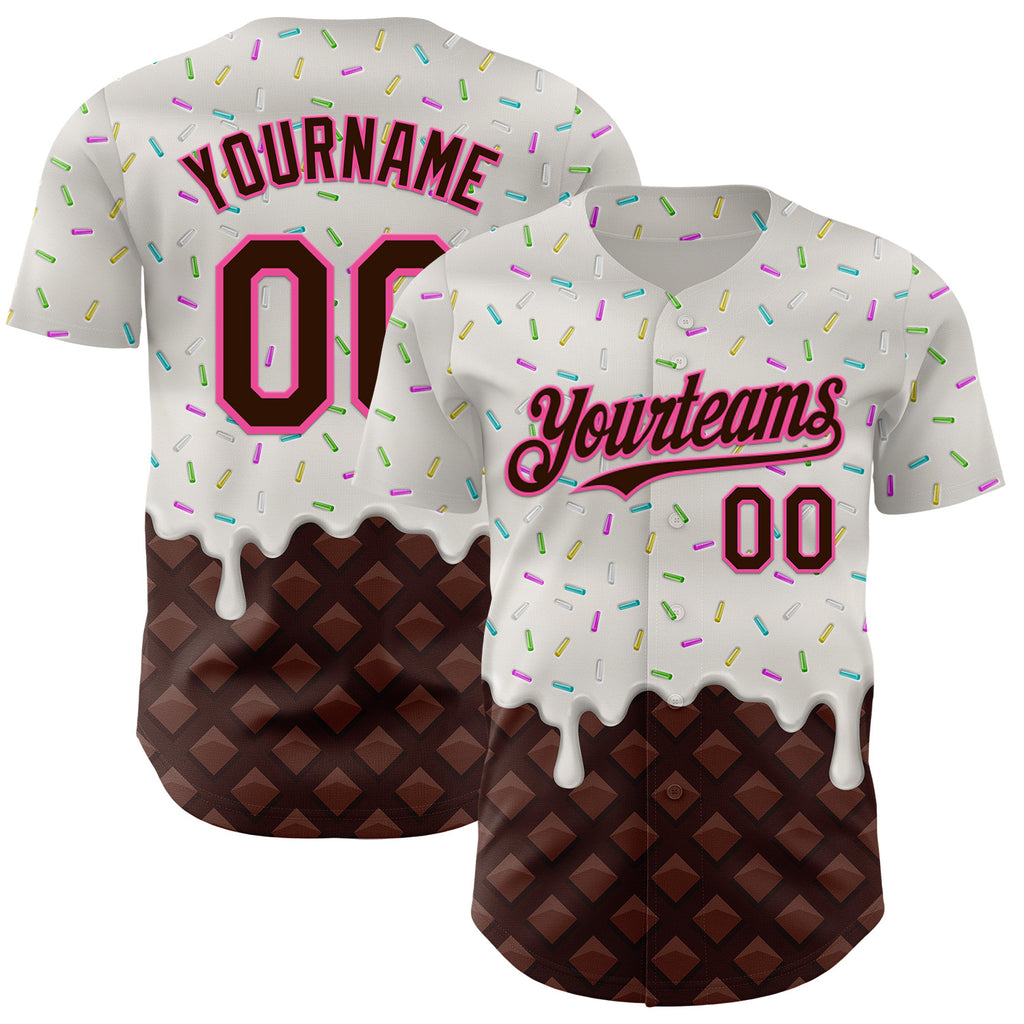 Custom White Brown-Pink 3D Pattern Design Foodie Dripping Ice Cream Authentic Baseball Jersey