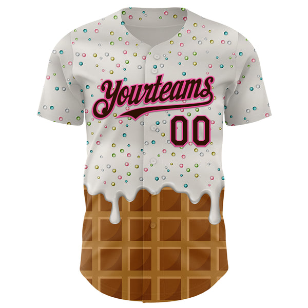 Custom White Brown-Pink 3D Pattern Design Foodie Dripping Ice Cream Authentic Baseball Jersey
