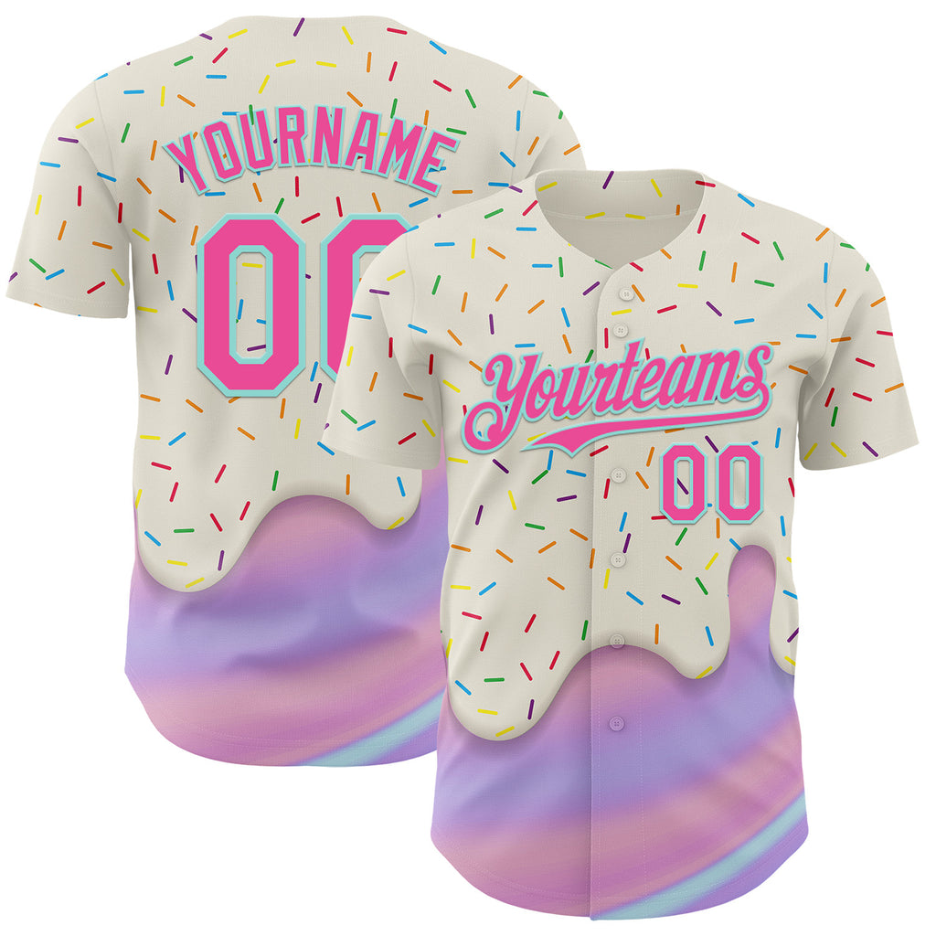 Custom Cream Pink-Ice Blue 3D Pattern Design Foodie Dripping Ice Cream Authentic Baseball Jersey