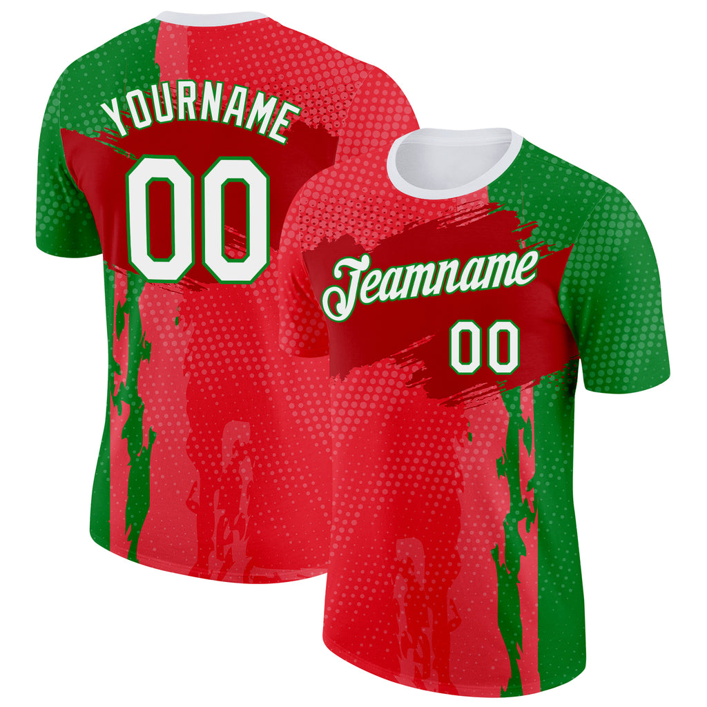 Custom Red White-Grass Green Portugal Grunge Splash Brush Stroke Polka Dot Performance T-Shirt