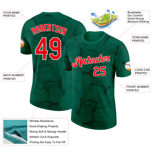 Custom Green Fire Red-White Portugal Abstract Wave Performance T-Shirt