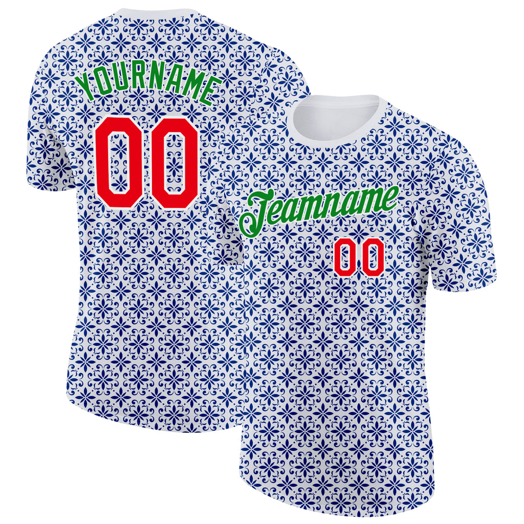 Custom White Fire Red Grass Green-Blue Portugal Floral Performance T-Shirt