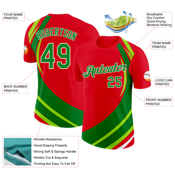 Custom Red Grass Green-White Portugal Stripe Color Block Performance T-Shirt