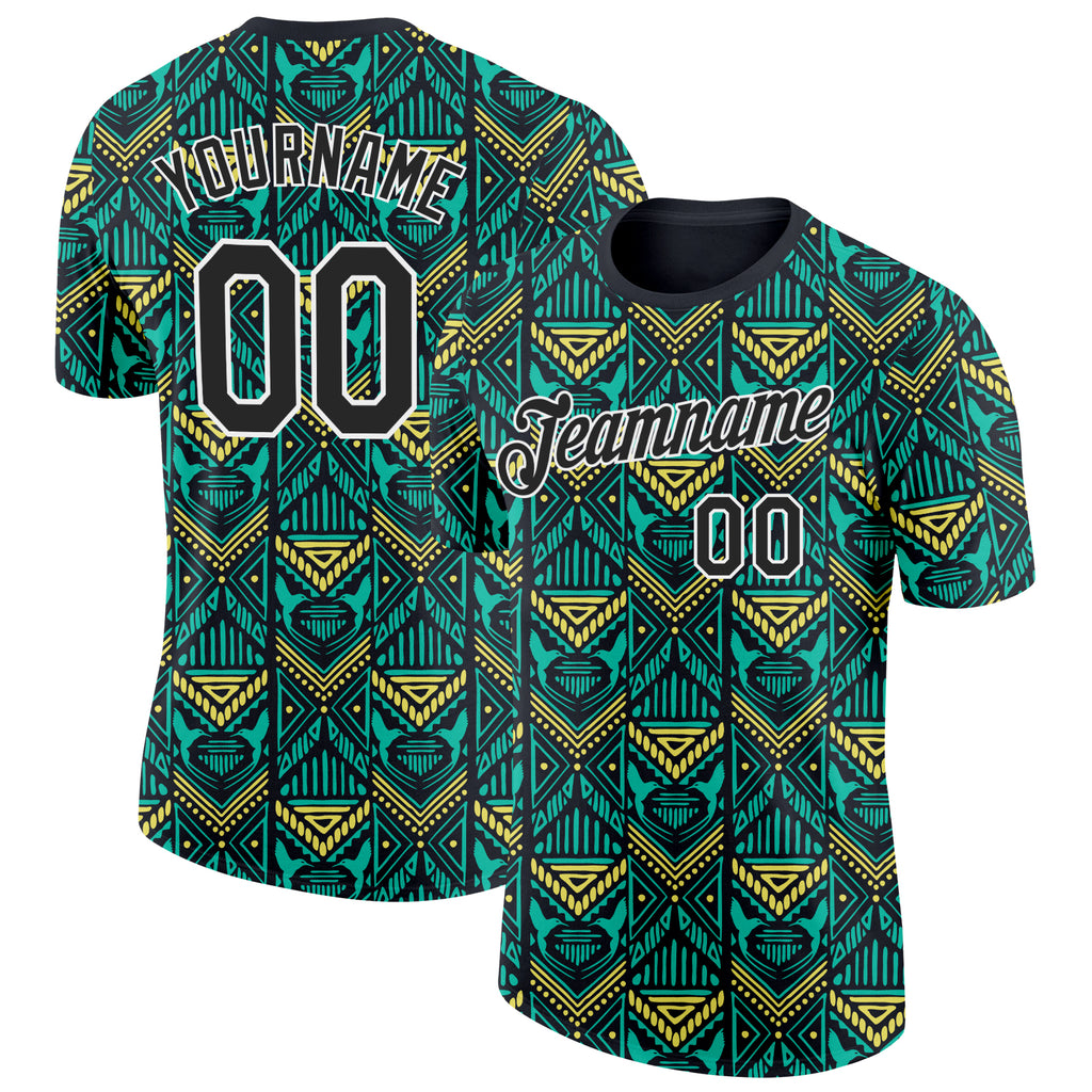 Custom Green Black Yellow-White Jamaica Geometric Performance T-Shirt