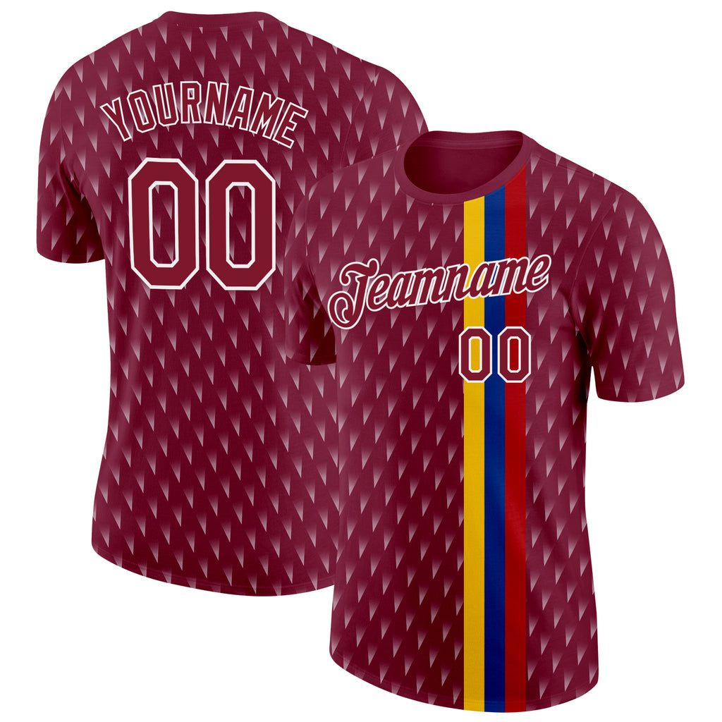 Custom Crimson Yellow Blue-White Colombia Geometric And Stripe Performance T-Shirt