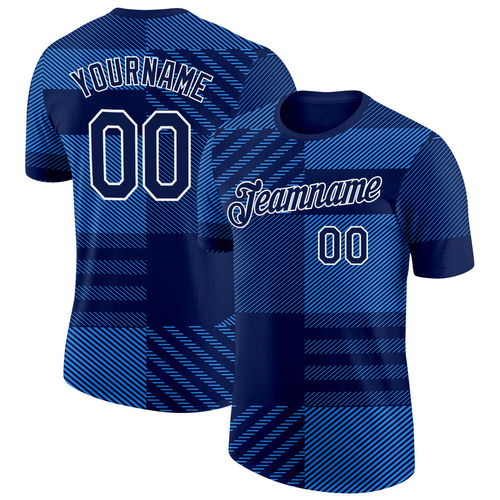 Custom Navy White-Blue Scotland Plaid Performance T-Shirt