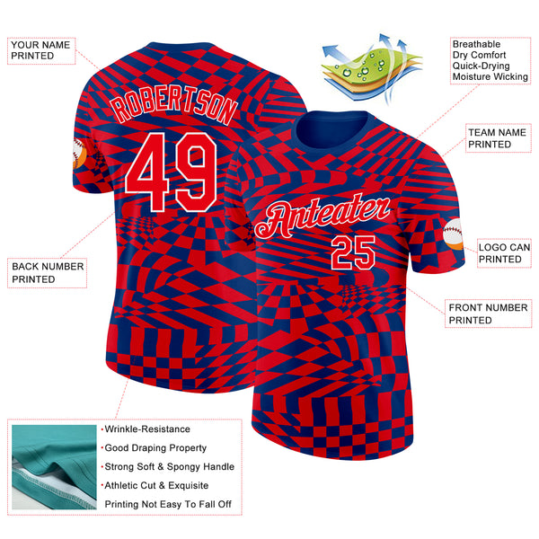 Custom US Navy Blue Fire Red-White Croatia Plaid Performance T-Shirt
