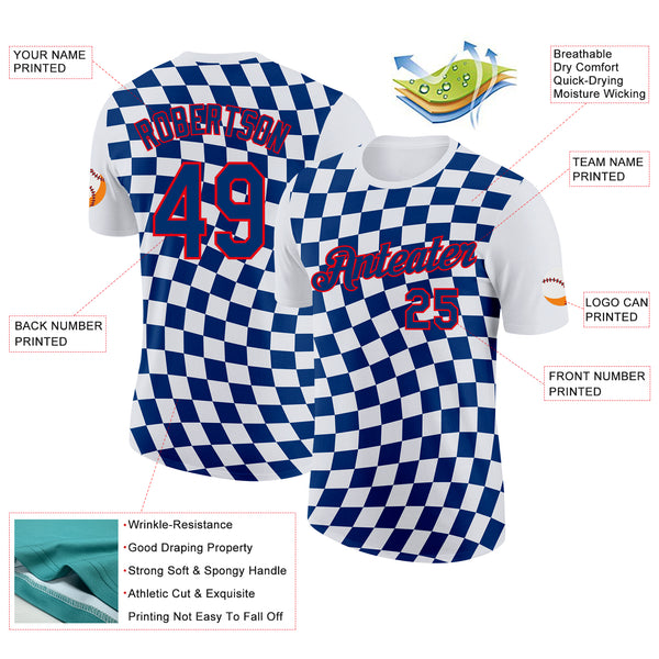 Custom White US Navy Blue Fire Red-Blue Croatia Plaid Performance T-Shirt