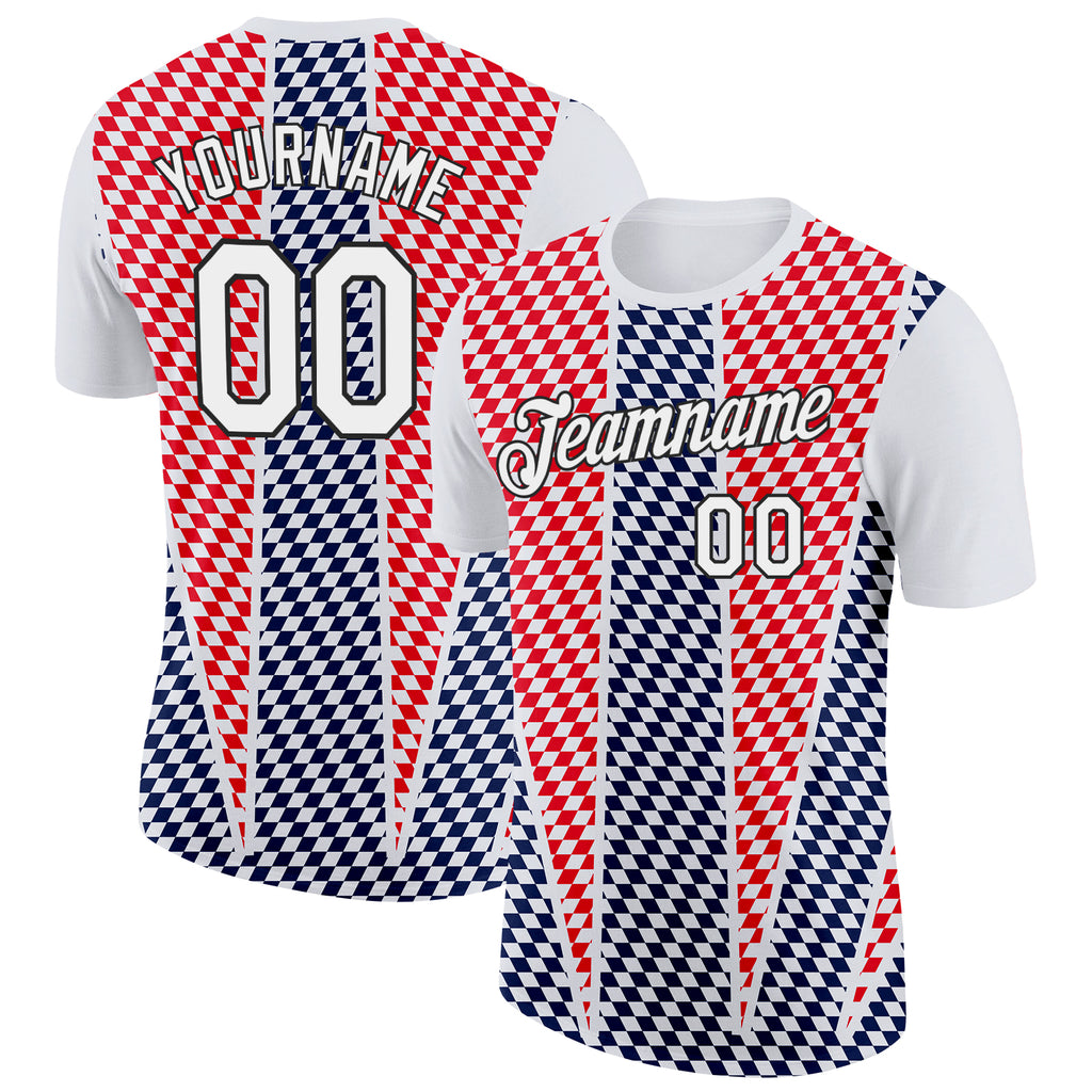 Custom White Black Red-Navy Croatia Plaid Performance T-Shirt