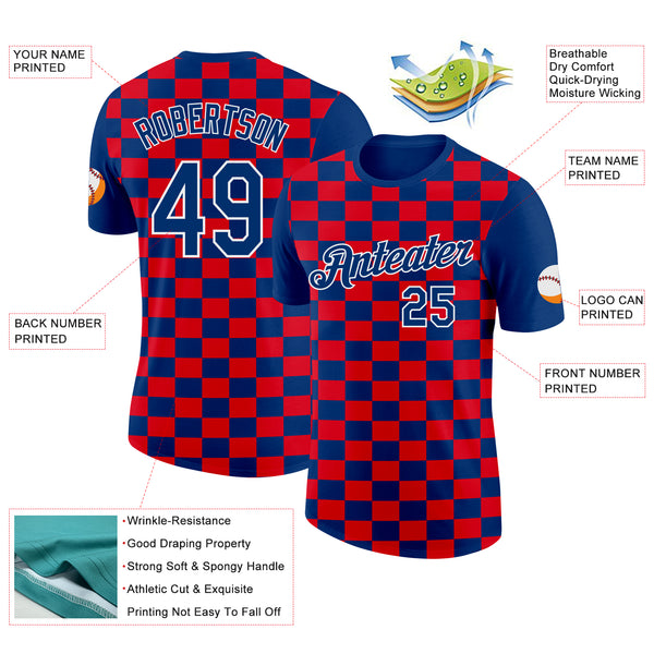 Custom US Navy Blue White-Red Croatia Plaid Performance T-Shirt