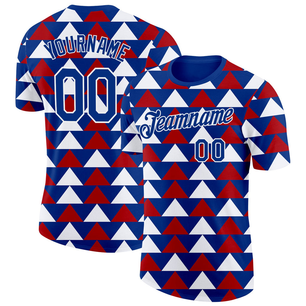 Custom Royal White-Red Norway Geometric Performance T-Shirt