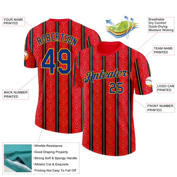 Custom Red Royal-Gold Spain Stripe Performance T-Shirt
