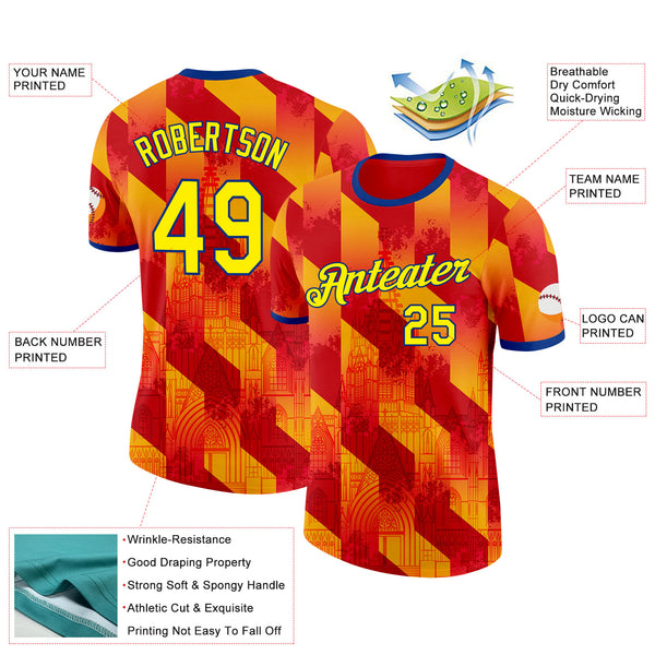 Custom Red Light Yellow-Royal Spain Diagonal Stripe Gothic Performance T-Shirt