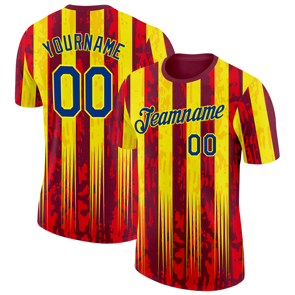Custom Red Royal-Light Yellow Spain Splash Stripe Performance T-Shirt