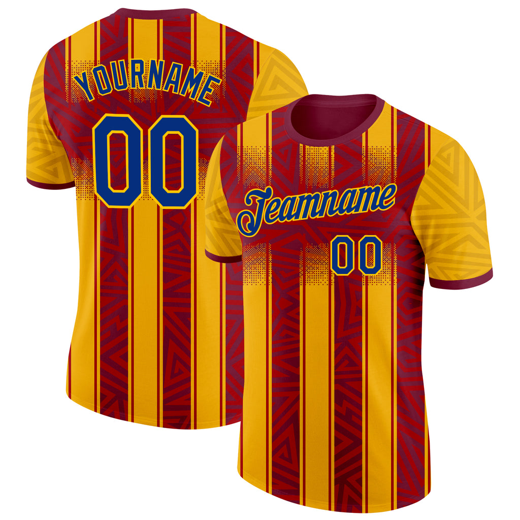 Custom Gold Royal-Red Spain Geometric Stripe Performance T-Shirt