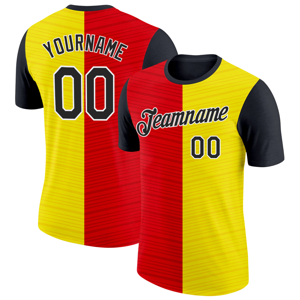 Custom Gold Black Red-White Spain Split Stripe Performance T-Shirt