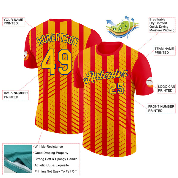 Custom Red Gold-Royal Spain Stripe Performance T-Shirt